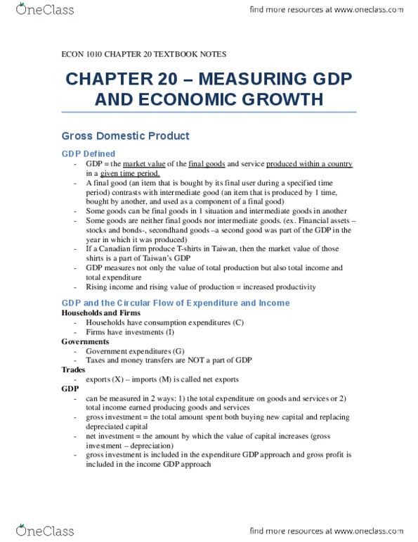 ECON 1010 Chapter Notes - Chapter 20: Gross Domestic Product thumbnail