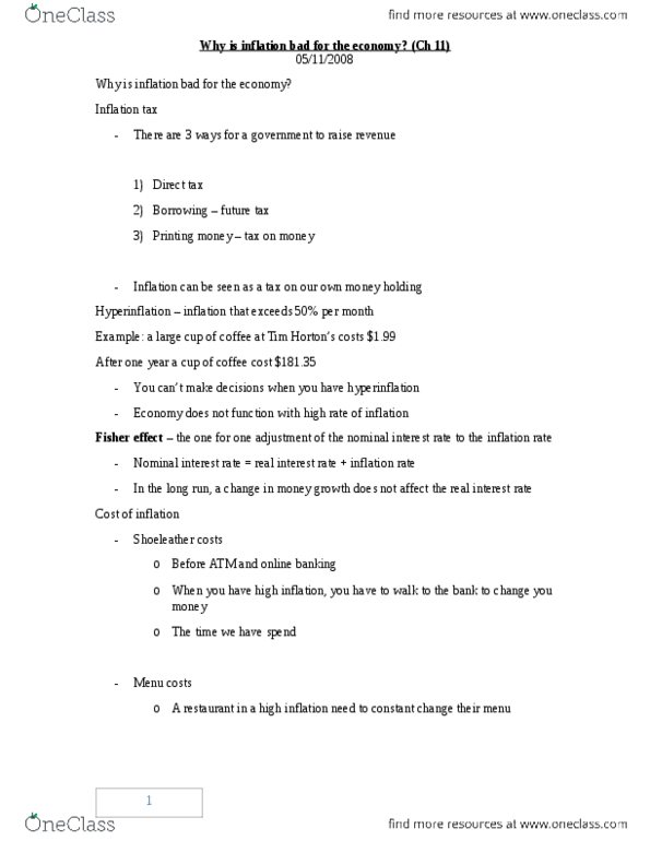 ECON 1B03 Lecture Notes - Nominal Interest Rate, Real Interest Rate, Seigniorage thumbnail