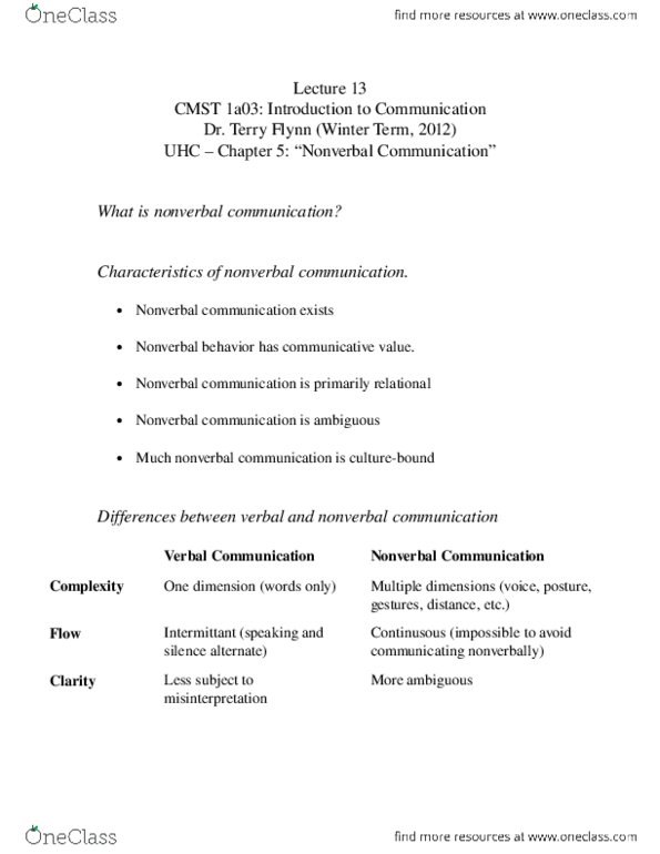 CMST 1A03 Lecture Notes - Intentionality, Paralanguage, Proxemics thumbnail