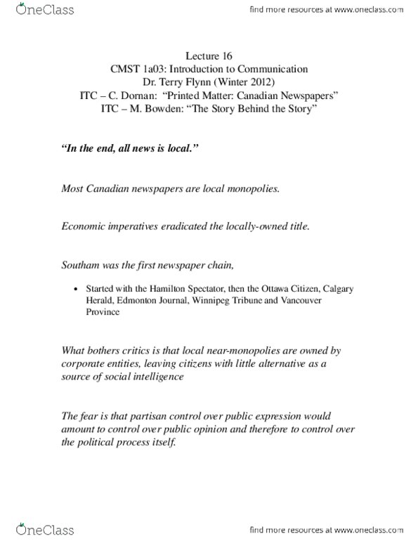 CMST 1A03 Lecture Notes - Quebecor, Calgary Herald thumbnail