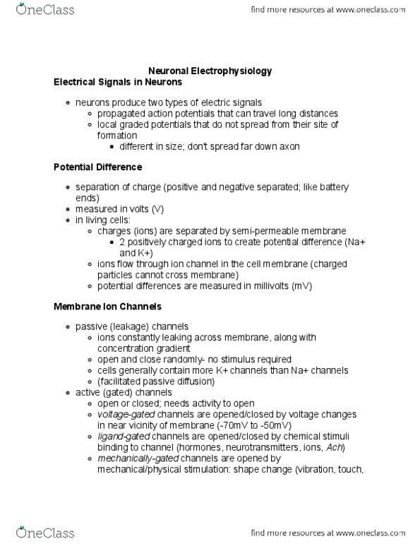 BIOL 171 Lecture Notes - Lecture 9: Threshold Potential, Semipermeable Membrane, Volt thumbnail