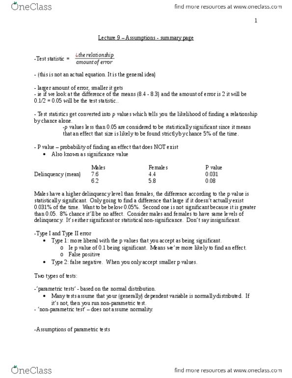 SOC280 Lecture Notes - Lecture 9: Parametric Statistics, Homoscedasticity, Test Statistic thumbnail