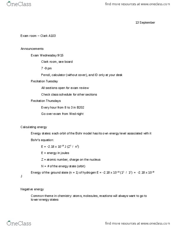 CHEM 111 Lecture Notes - Negative Energy, Bohr Model, Atomic Number thumbnail