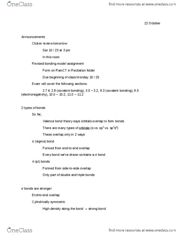 CHEM 111 Lecture Notes - Valence Bond Theory, Triple Bond, Covalent Bond thumbnail