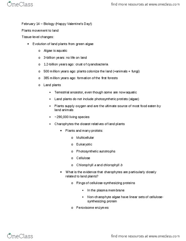 BIOL 1020 Lecture Notes - Charophyta, Peroxisome, Sporopollenin thumbnail