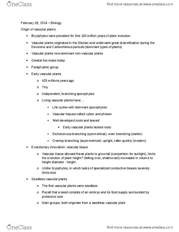 BIOL 1020 Lecture Notes - Vascular Plant, Vascular Tissue, Non-Vascular Plant thumbnail