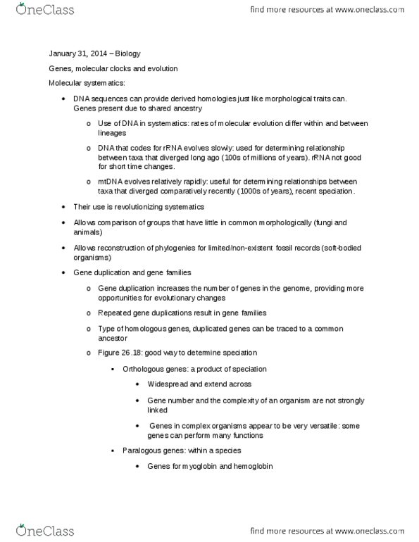 BIOL 1020 Lecture Notes - Molecular Clock, Gene Duplication, Medical Genetics thumbnail