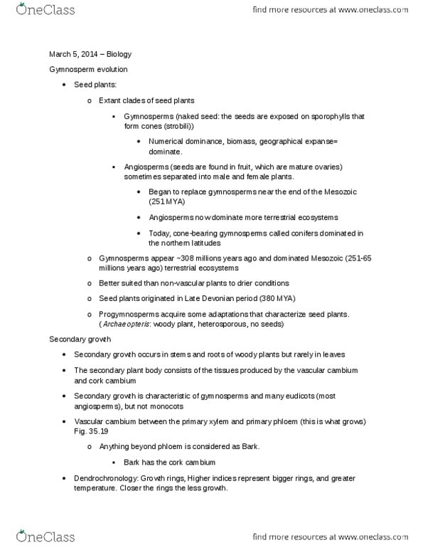 BIOL 1020 Lecture Notes - Cork Cambium, Vascular Cambium, Xylem thumbnail