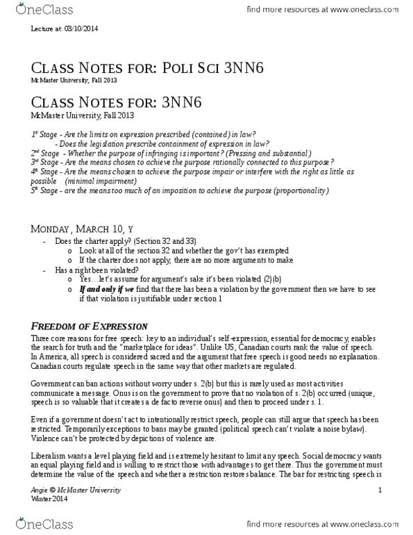 POLSCI 3NN6 Lecture Notes - Toy Advertising, Supreme Court Of Canada, Commercial Speech thumbnail