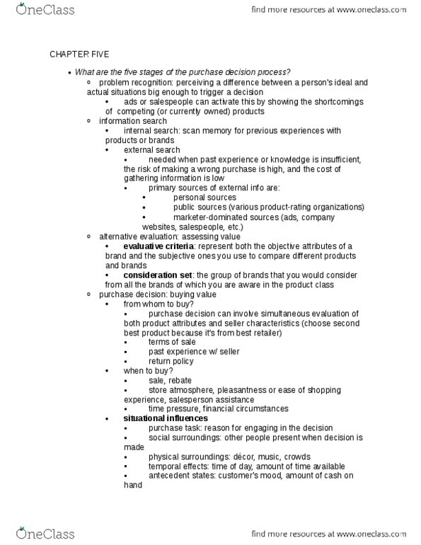 MKT-111 Chapter Notes - Chapter 5: Cognitive Dissonance, Selective Perception, Psychographic thumbnail