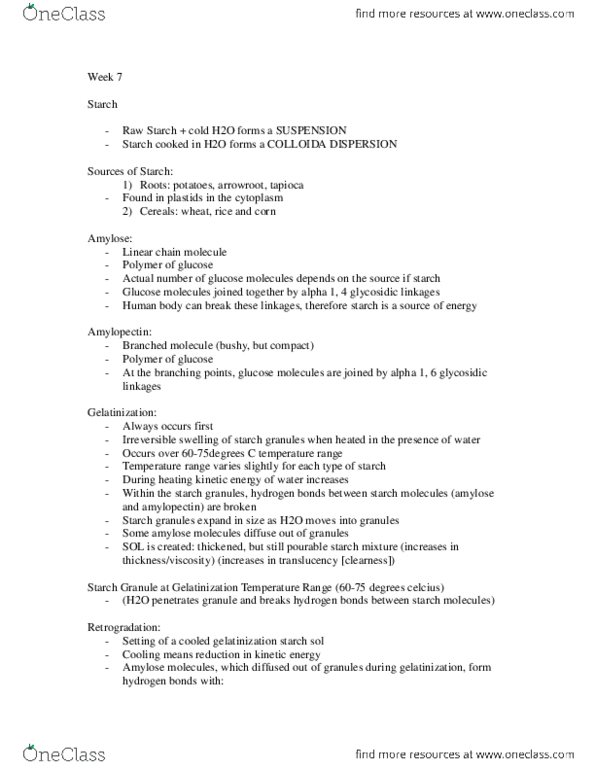 HTM 2700 Lecture Notes - Lecture 6: Amylose, Amylopectin, Retrogradation thumbnail