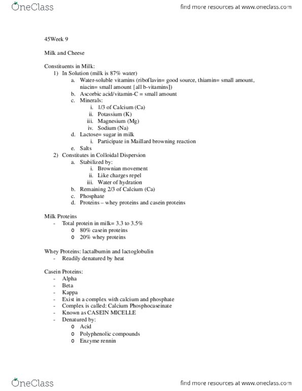 HTM 2700 Lecture Notes - Buttermilk, Pasteurization, Micelle thumbnail