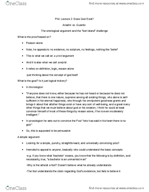 PHIL 1050 Lecture Notes - Ontological Argument, Omnipotence, Reductio Ad Absurdum thumbnail