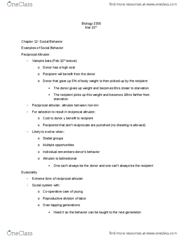 BIOL 3300 Lecture Notes - Reciprocal Altruism, Haplodiploidy, Alpheidae thumbnail