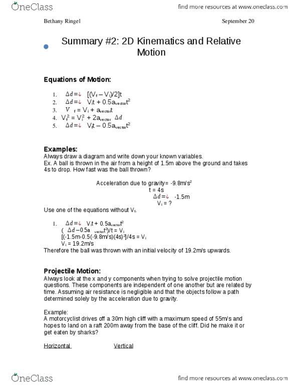 PHYS111 Lecture Notes - Projectile Motion thumbnail