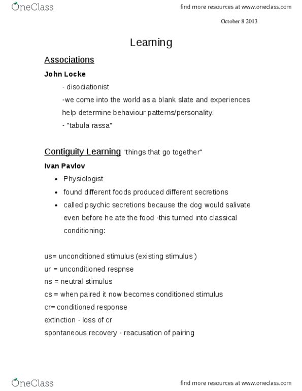 PSYCH101 Lecture Notes - Tabula Rasa, Contiguity, Classical Conditioning thumbnail