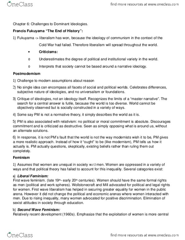POLI 100 Lecture Notes - Second-Wave Feminism, Francis Fukuyama, Socialist Feminism thumbnail