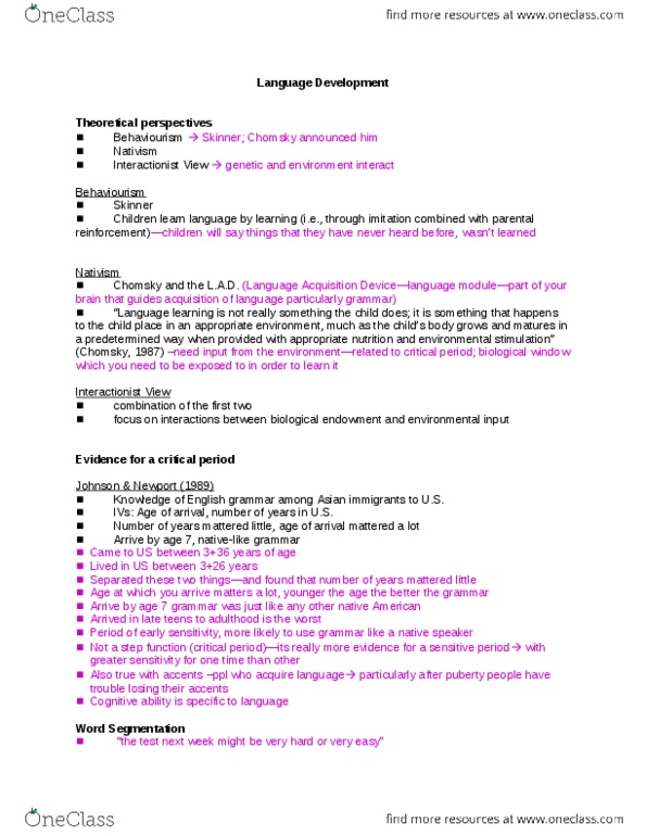 PSY 302 Lecture Notes - Language Acquisition Device, Text Segmentation, Noam Chomsky thumbnail