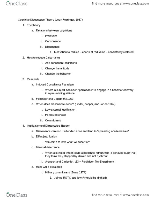 PSYCH 2310 Lecture Notes - Leon Festinger, Cognitive Dissonance, Minimal Deterrence thumbnail