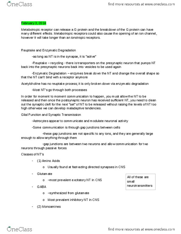 PSYCO275 Lecture Notes - Metabotropic Receptor, Reuptake, Ligand-Gated Ion Channel thumbnail