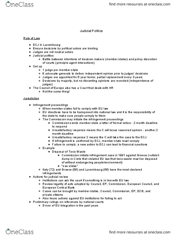 POLI 451 Lecture Notes - Lecture 13: European Central Bank, Preliminary Ruling, Supremacy Clause thumbnail