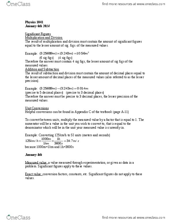 PHYS 1041 Lecture Notes - Significant Figures, International System Of Units, Pythagorean Theorem thumbnail
