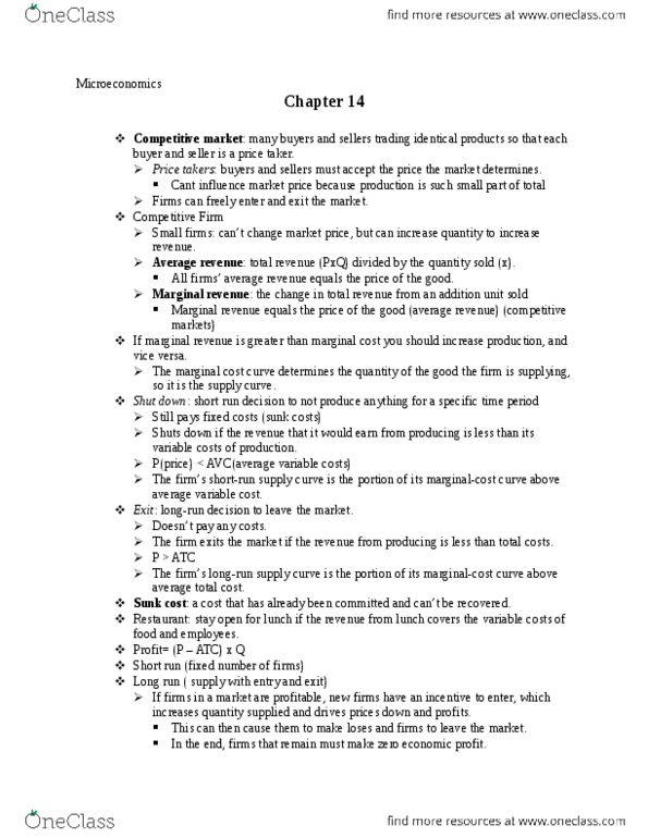 ECON 200 Chapter Notes - Chapter 14: Average Variable Cost, Market Power, Marginal Revenue thumbnail