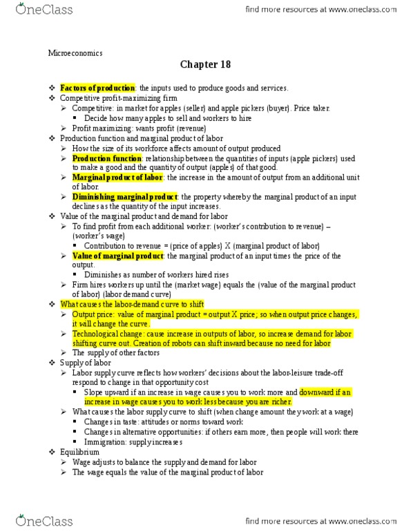 ECON 200 Chapter Notes - Chapter 18: Marginal Product, Demand Curve, Production Function thumbnail