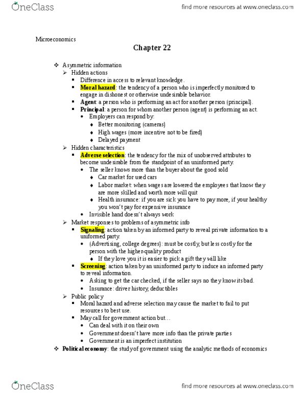 ECON 200 Chapter Notes - Chapter 22: Moral Hazard, Adverse Selection, Invisible Hand thumbnail