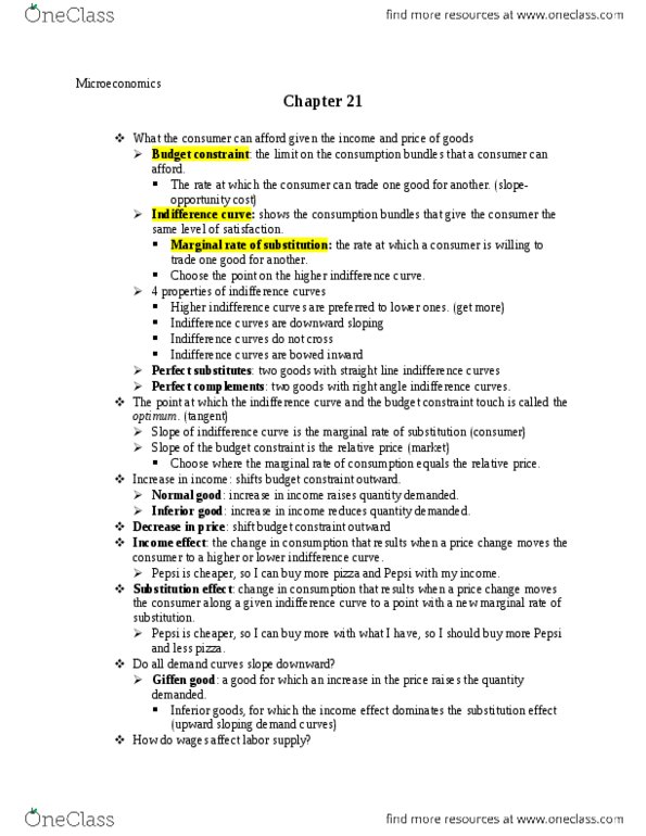 ECON 200 Chapter Notes - Chapter 21: Budget Constraint, Indifference Curve, Opportunity Cost thumbnail