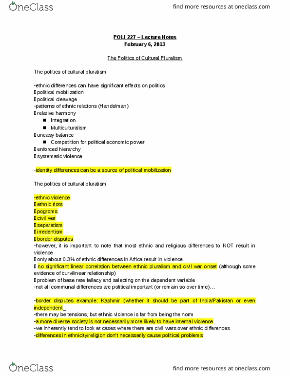 POLI 227 Lecture Notes - False Consciousness, Dependent And Independent Variables, Consociationalism thumbnail