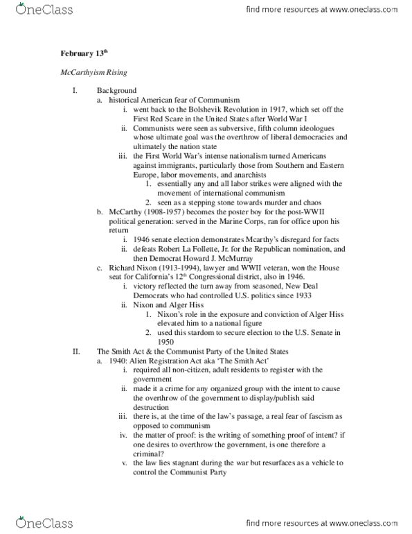 CAS HI 338 Lecture : 13 - McCarthyism Rising thumbnail