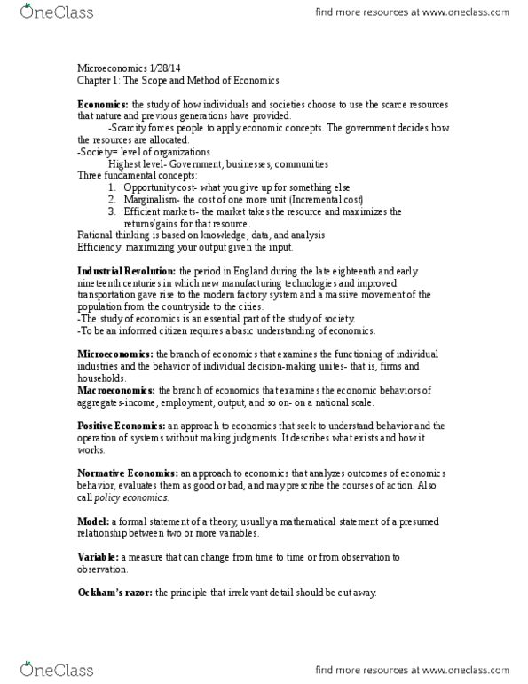 ECO 1001 Chapter Notes - Chapter 1: Marginal Cost, Opportunity Cost, Marginalism thumbnail