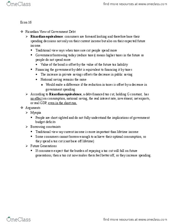 ECON 305 Chapter Notes -Ricardian Equivalence, Real Interest Rate thumbnail