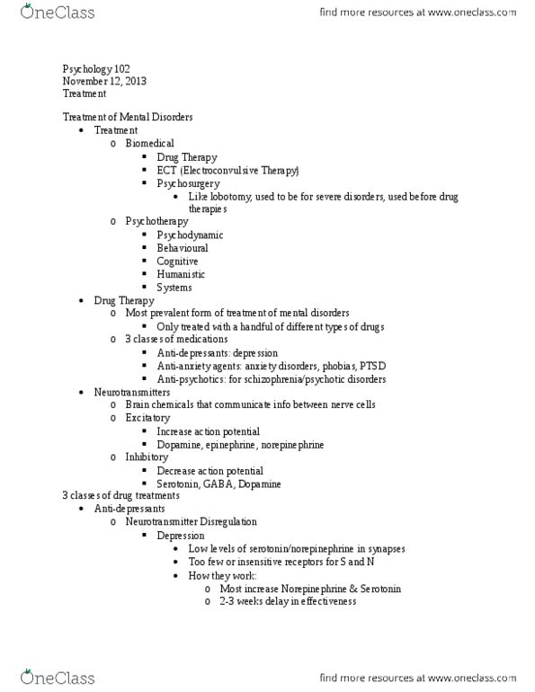 PSYC 102 Lecture Notes - Electroconvulsive Therapy, Duloxetine, Bupropion thumbnail