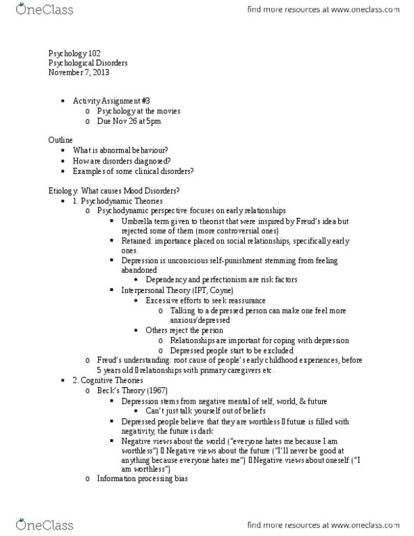 PSYC 102 Lecture Notes - Serotonin Transporter, Umbrella Term, Etiology thumbnail