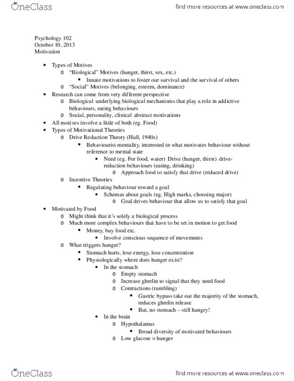 PSYC 102 Lecture Notes - Hypothalamus, Homeostasis, Jane Addams thumbnail