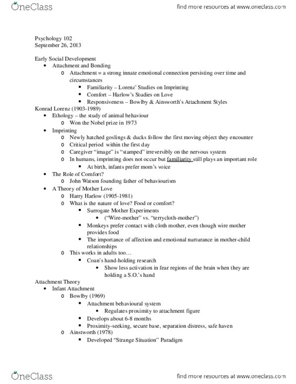 PSYC 102 Lecture Notes - John Bowlby thumbnail