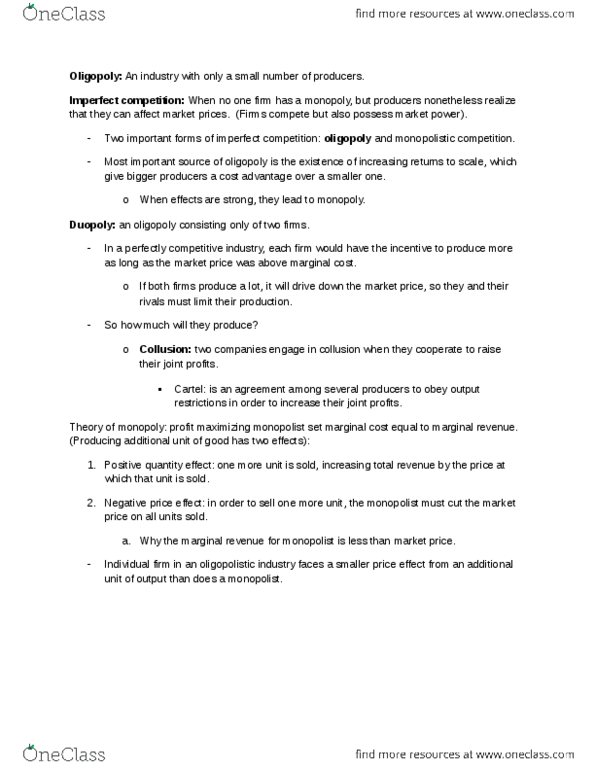 ECON 1116 Chapter Notes - Chapter 14: Monopolistic Competition, Imperfect Competition, Marginal Revenue thumbnail