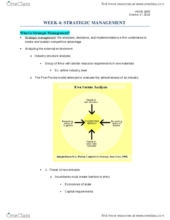 ADMS 1000 Lecture Notes - Lecture 4: Vertical Integration, Switching Barriers, Strategic Management thumbnail