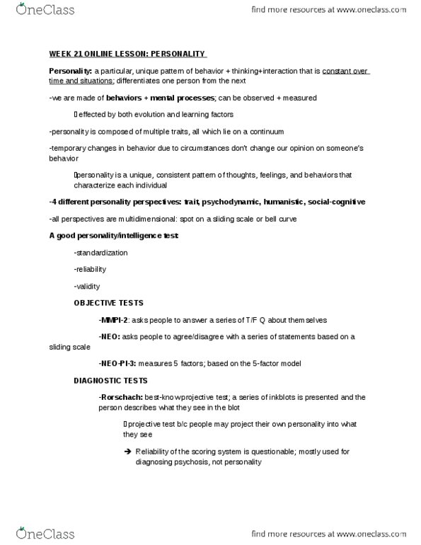 PSYC 100 Lecture Notes - Lecture 2: Twin Study, Reality Principle, Personality Test thumbnail