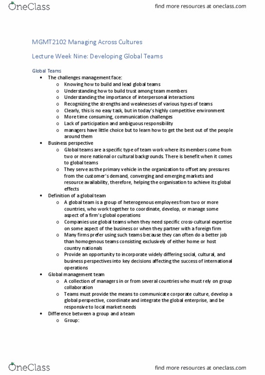 MGMT2102 Lecture Notes - Lecture 9: Team Effectiveness, Group Cohesiveness thumbnail