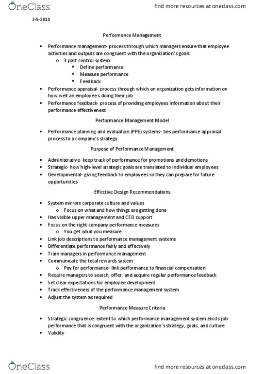 MIS 34180 Lecture Notes - Lecture 14: Performance Appraisal, Management System, Job Performance thumbnail
