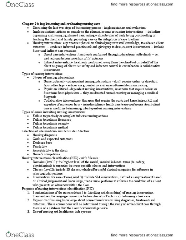 NSE 11A/B Chapter Notes - Chapter 24: Nursing Interventions Classification, Nursing Care Plan, Nursing Process thumbnail