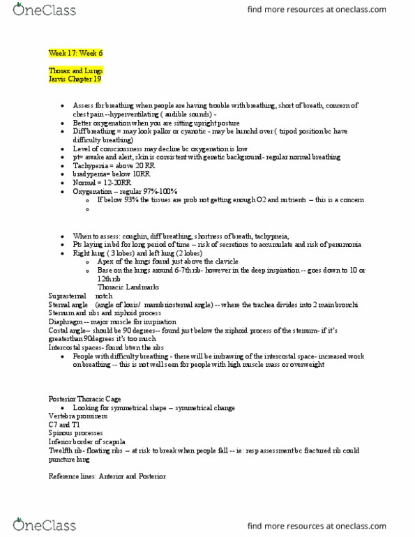 NSE 13A/B Lecture Notes - Lecture 17: Suprasternal Notch, Cervical Vertebrae, Sternal Angle thumbnail