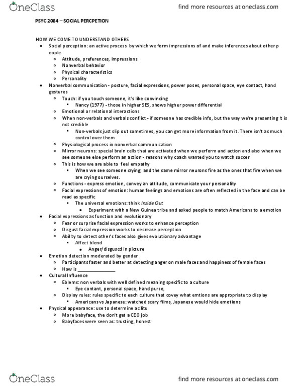 PSYC 2084 Lecture Notes - Lecture 5: Social Perception, Nonverbal Communication, Mirror Neuron thumbnail