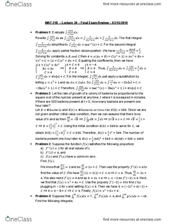 MAT 21B Lecture Notes - Lecture 30: Partial Fraction Decomposition, Mean Value Theorem, Antiderivative cover image