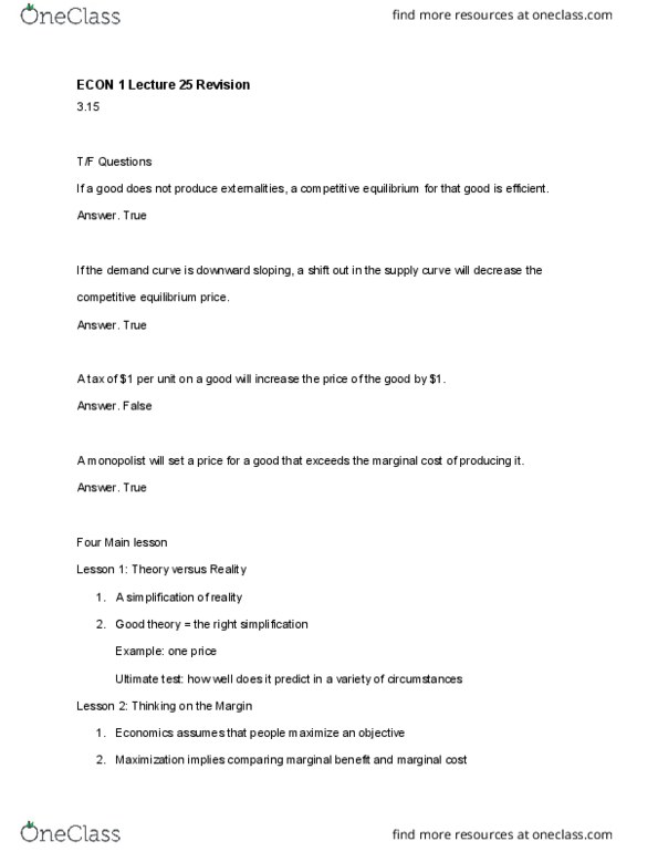 ECON 1 Lecture Notes - Lecture 30: Competitive Equilibrium, Marginal Cost, Marginal Utility cover image