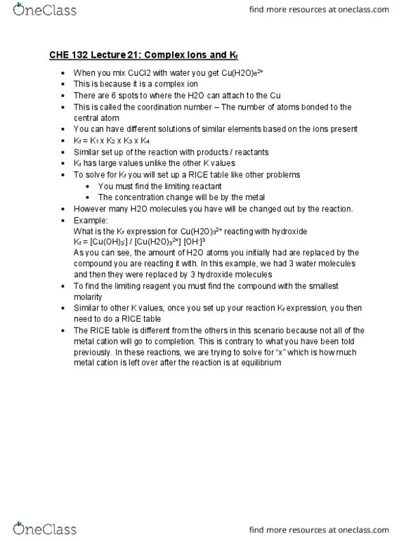 CHE 132 Lecture Notes - Lecture 21: Limiting Reagent, Coordination Number, Reagent cover image