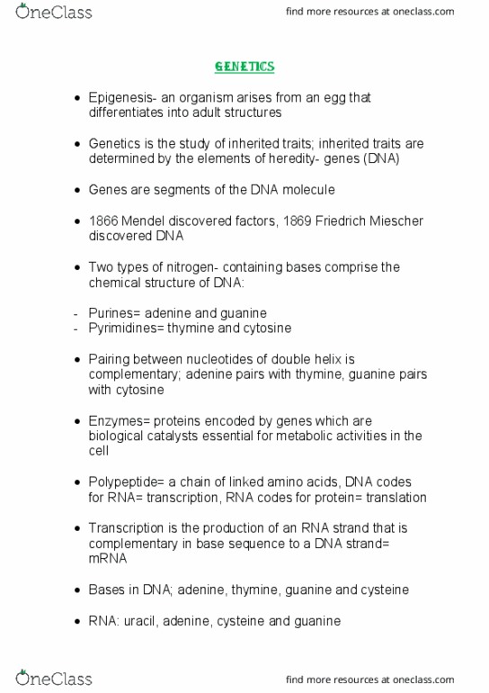 300845 Lecture Notes - Lecture 1: Friedrich Miescher, Guanine, Adenine thumbnail